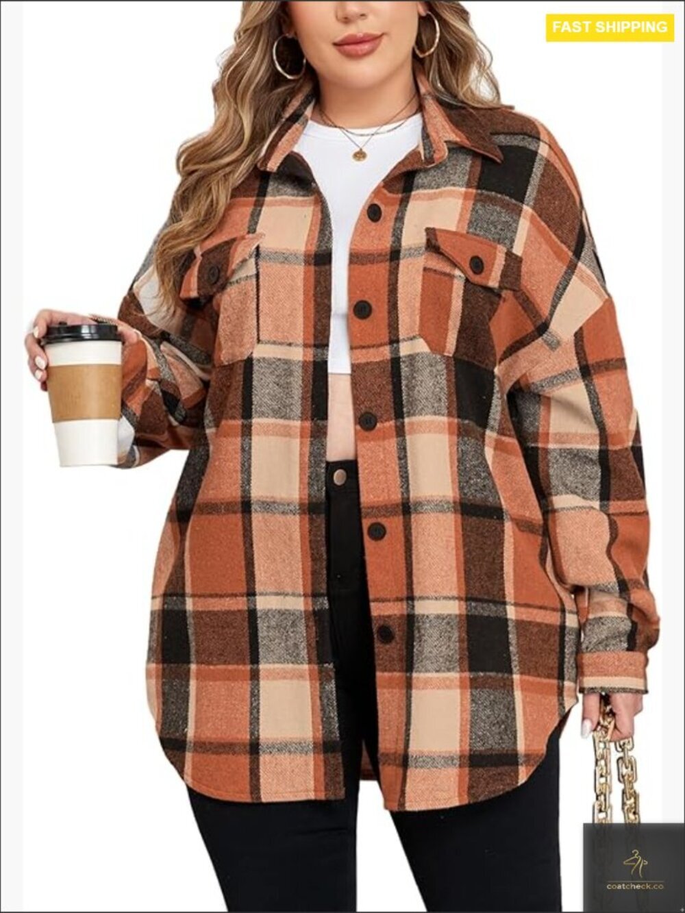 Plus Size Flannel Plaid Shacket Jacket Oversized Button Down Coat Fall Winter